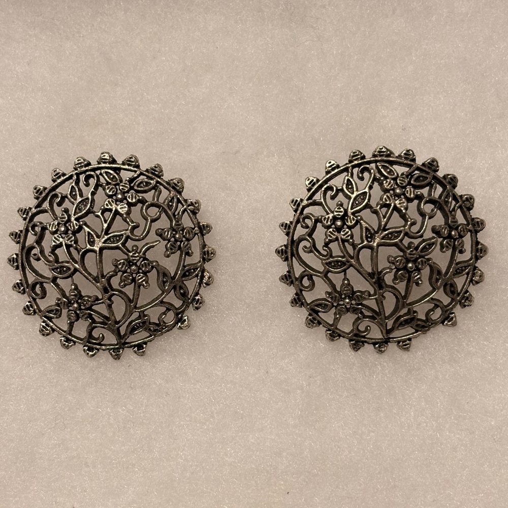 Oxidized Silver Tone Open Work Earrings Preowned